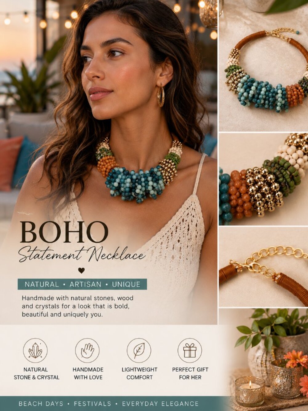Boho Handmade Natural Stone Statement Necklace | Artisan Crystal Beaded Choker